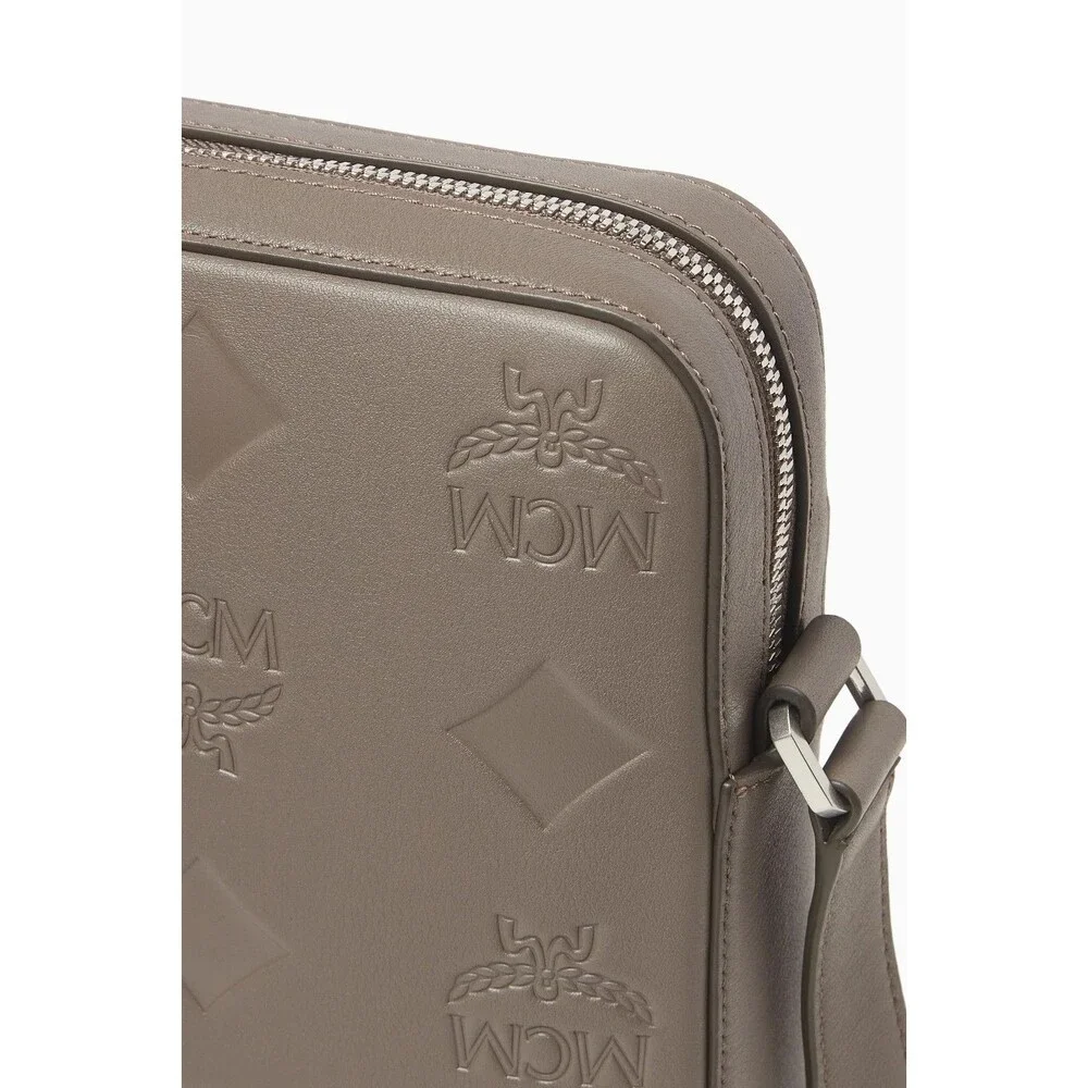 MCM Mini Klassik Taupe Tan Grey Leather Monogram Crossbody Bag $830 Authentic